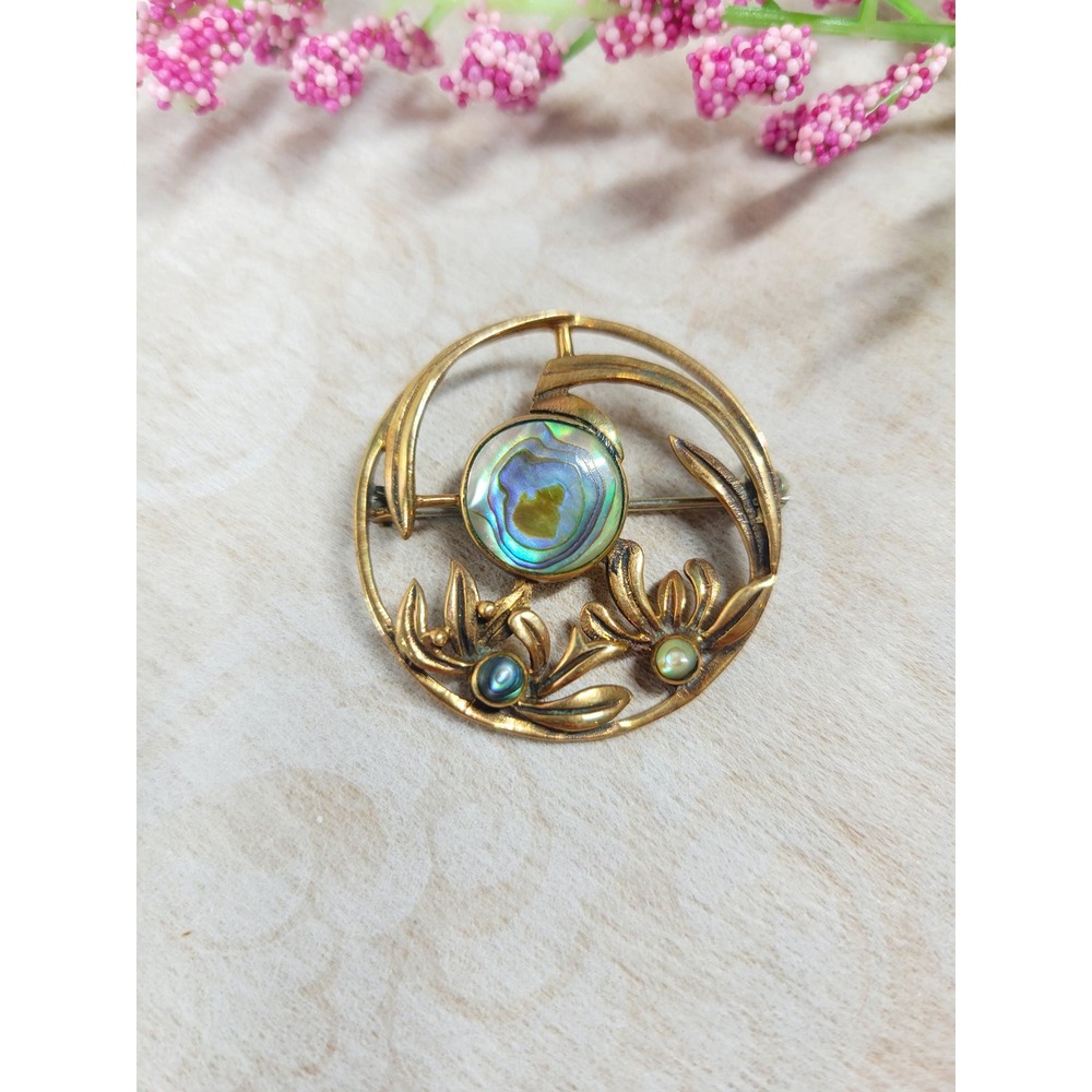 Antique Art Nouveau Brass Floral Brooch Abalone Cabochon Pin 1920s